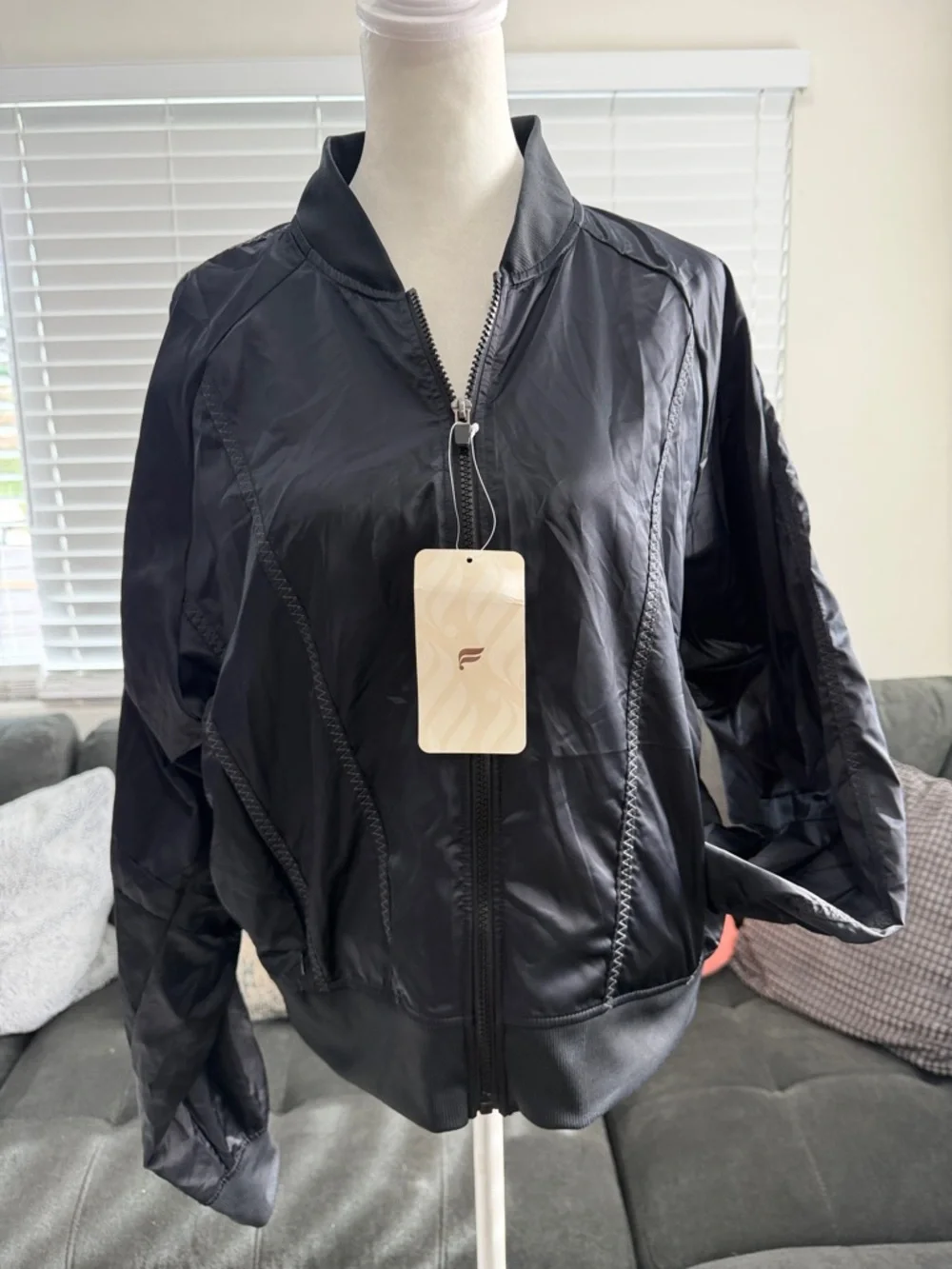 Fabletics Tori Woven Black Satin-Look Bomber Jacket